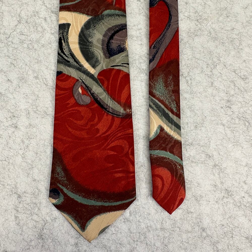 Vintage 90s Randa Accessories Geometric Necktie Terracotta Red Swirl Polyester